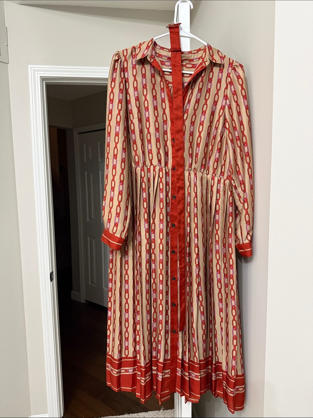 Ann Taylor Cream Dress with Red Chain-Print and Red Trim